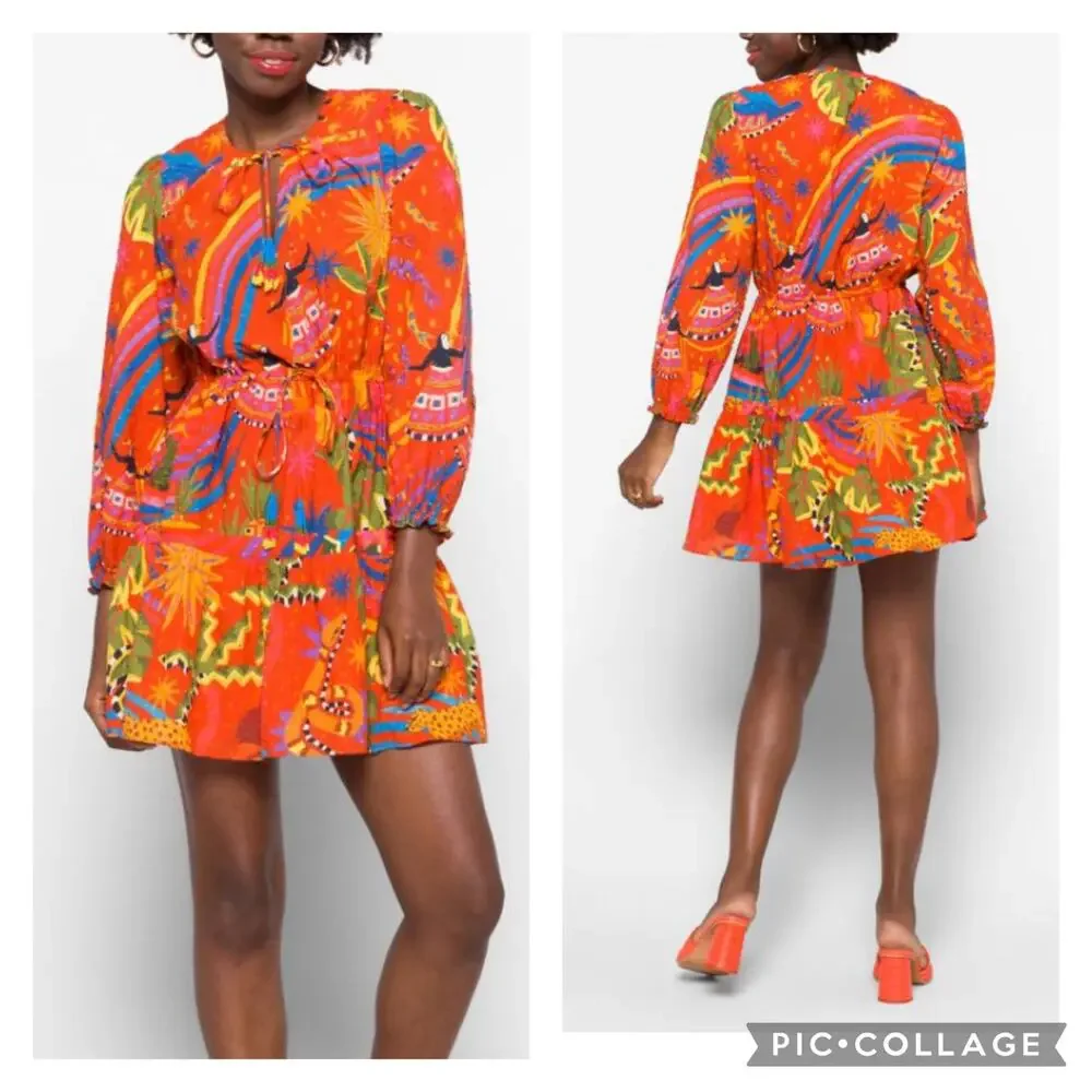 Farm Rio Magic Forest Cotton Mini Dress V-Neck Long Sleeve Beaded Tassels sz M - Picture 2 of 16